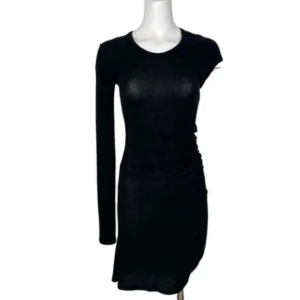 T by Alexander Wang Black Ribbed Fitted Asymmetric Midi Dress